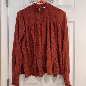 Anthropoligie Deletta Rust Lace Smocked Mock Neck Long Sleeve Blouse